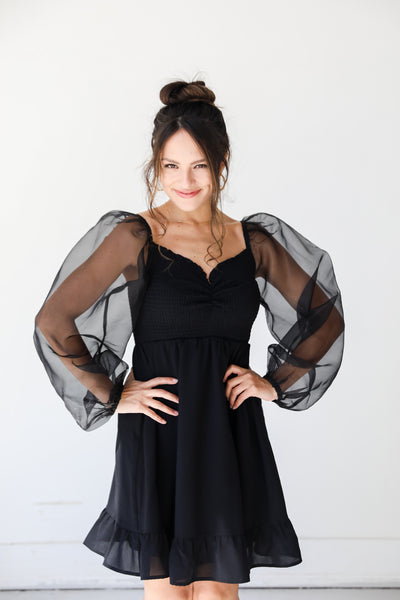 black mesh sleeve mini dress