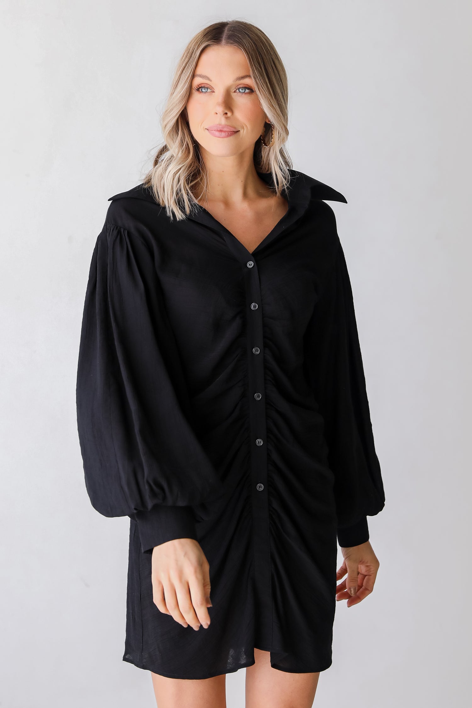 black Ruched Mini Dress front view