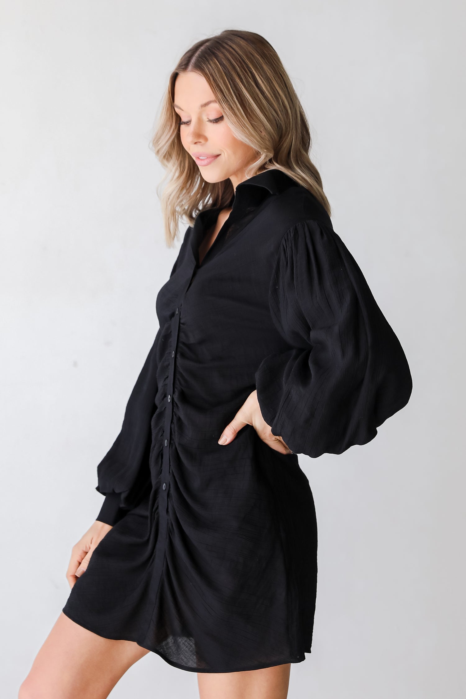 black Ruched Mini Dress side view