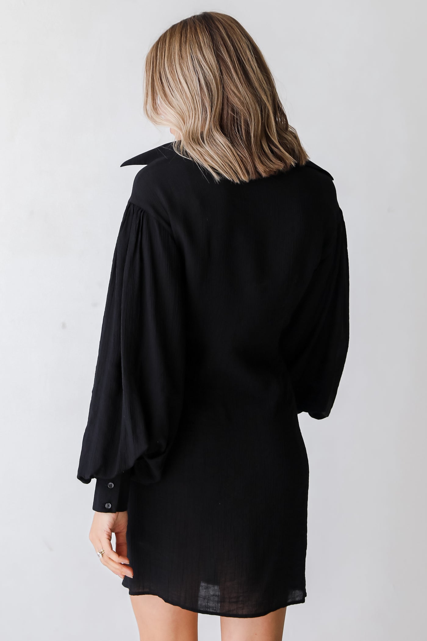 black Ruched Mini Dress back view