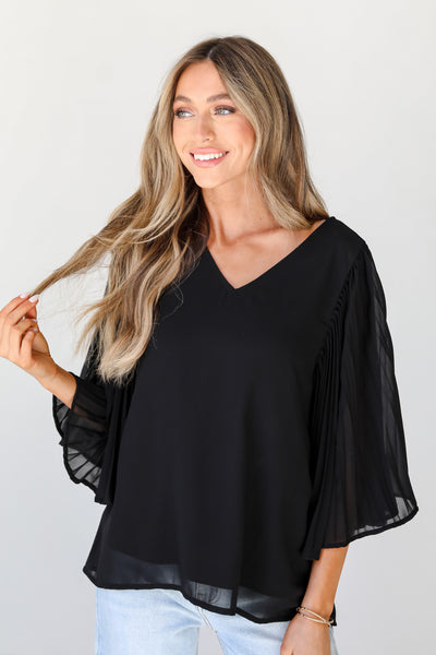 black Pleated Sleeve Blouse front view