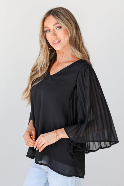 black Pleated Sleeve Blouse side view