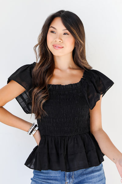 black Smocked Blouse front view