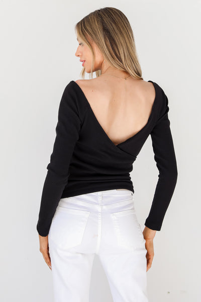black Ribbed Knit Surplice Top back view