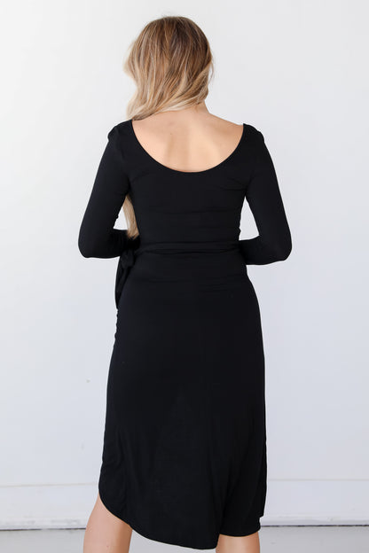 black Wrap Midi Dress back view