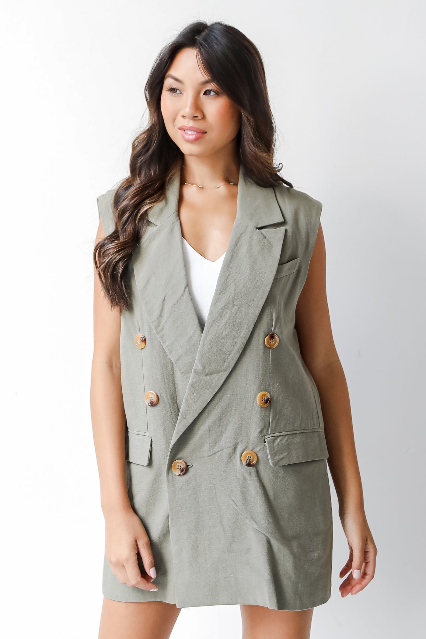 olive collared vest on model
