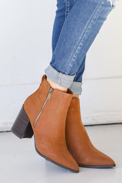 Block Heel Booties in brown on model