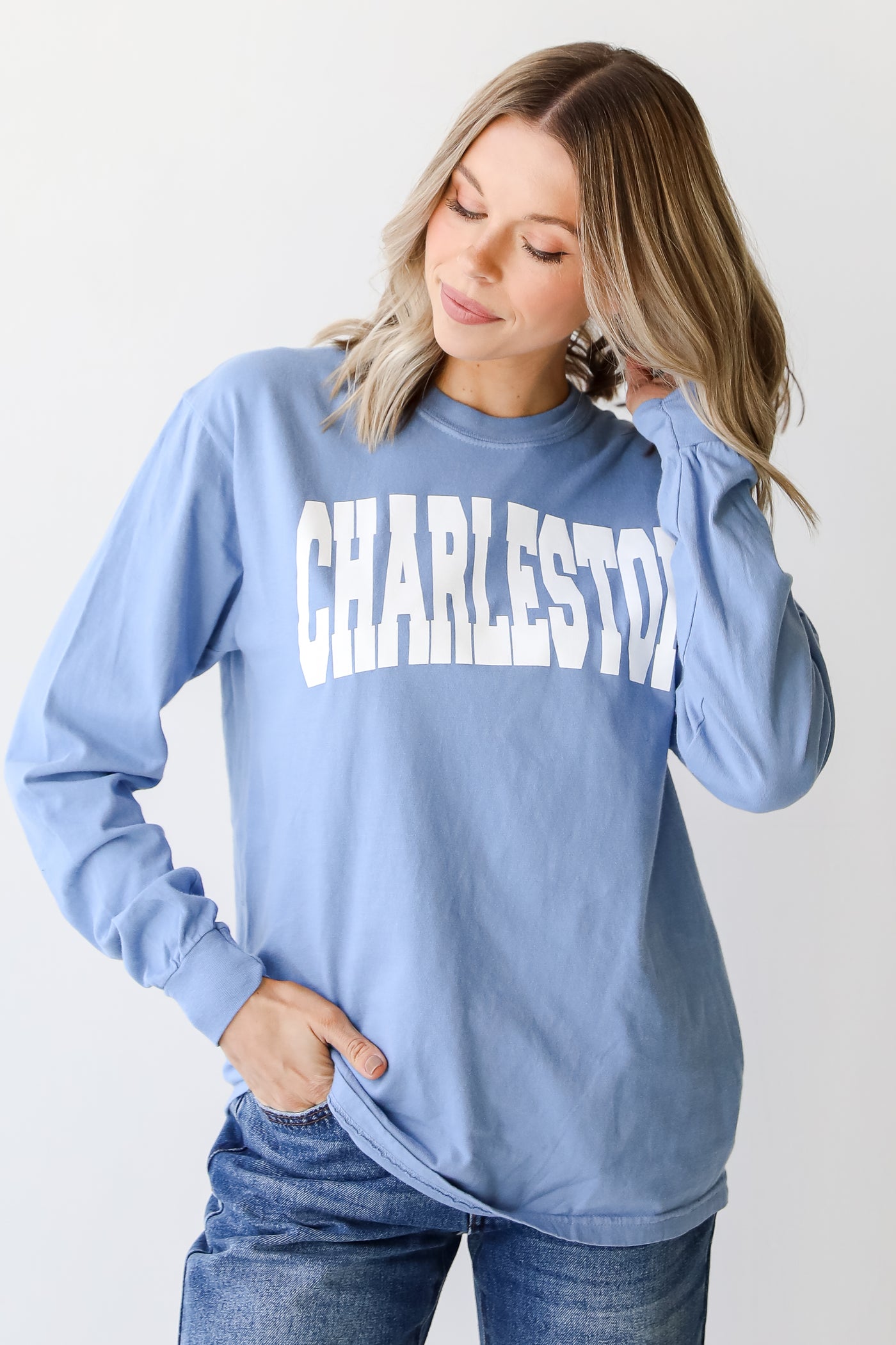 Blue Charleston Long Sleeve Tee on model