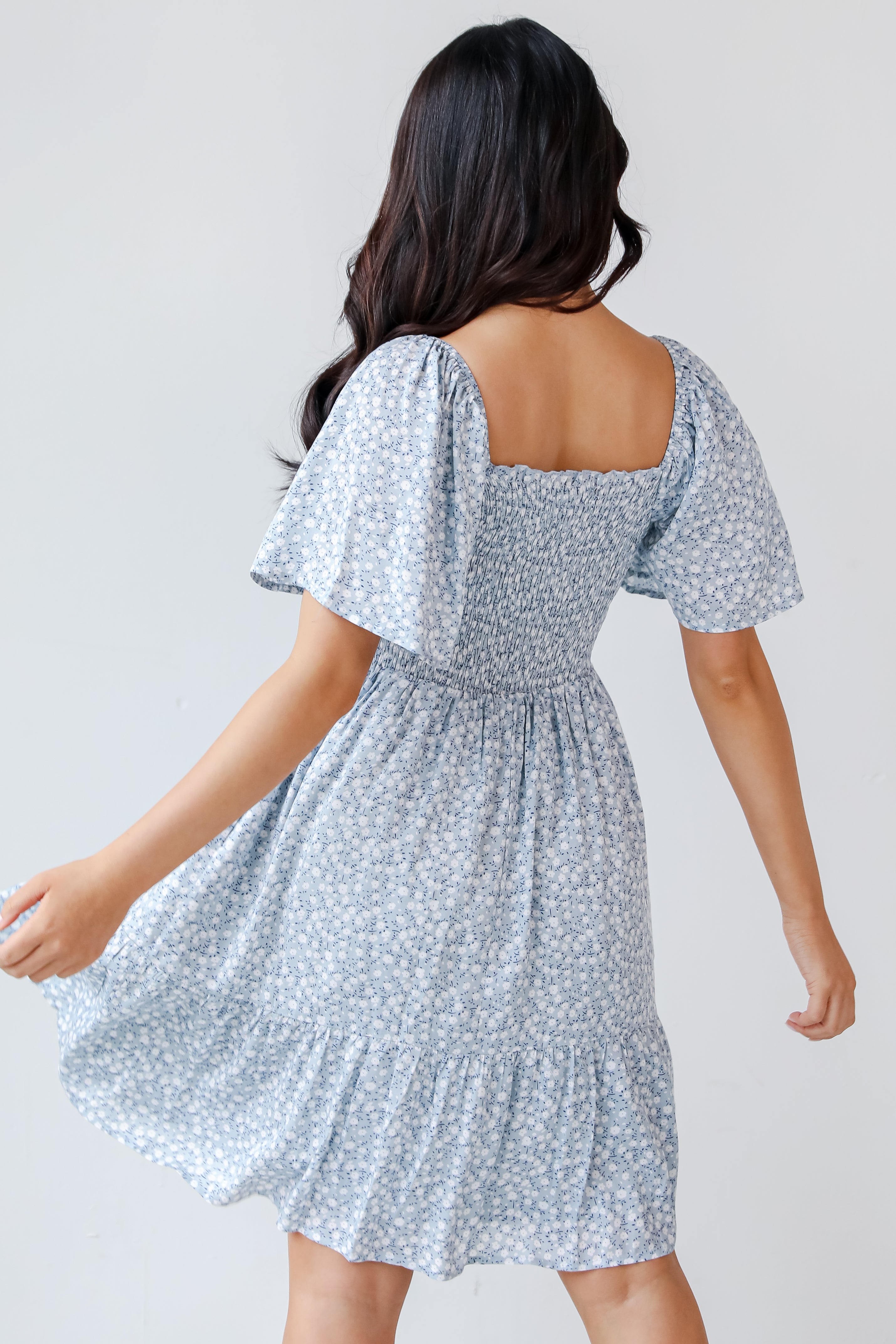 blue Floral Mini Dress back view