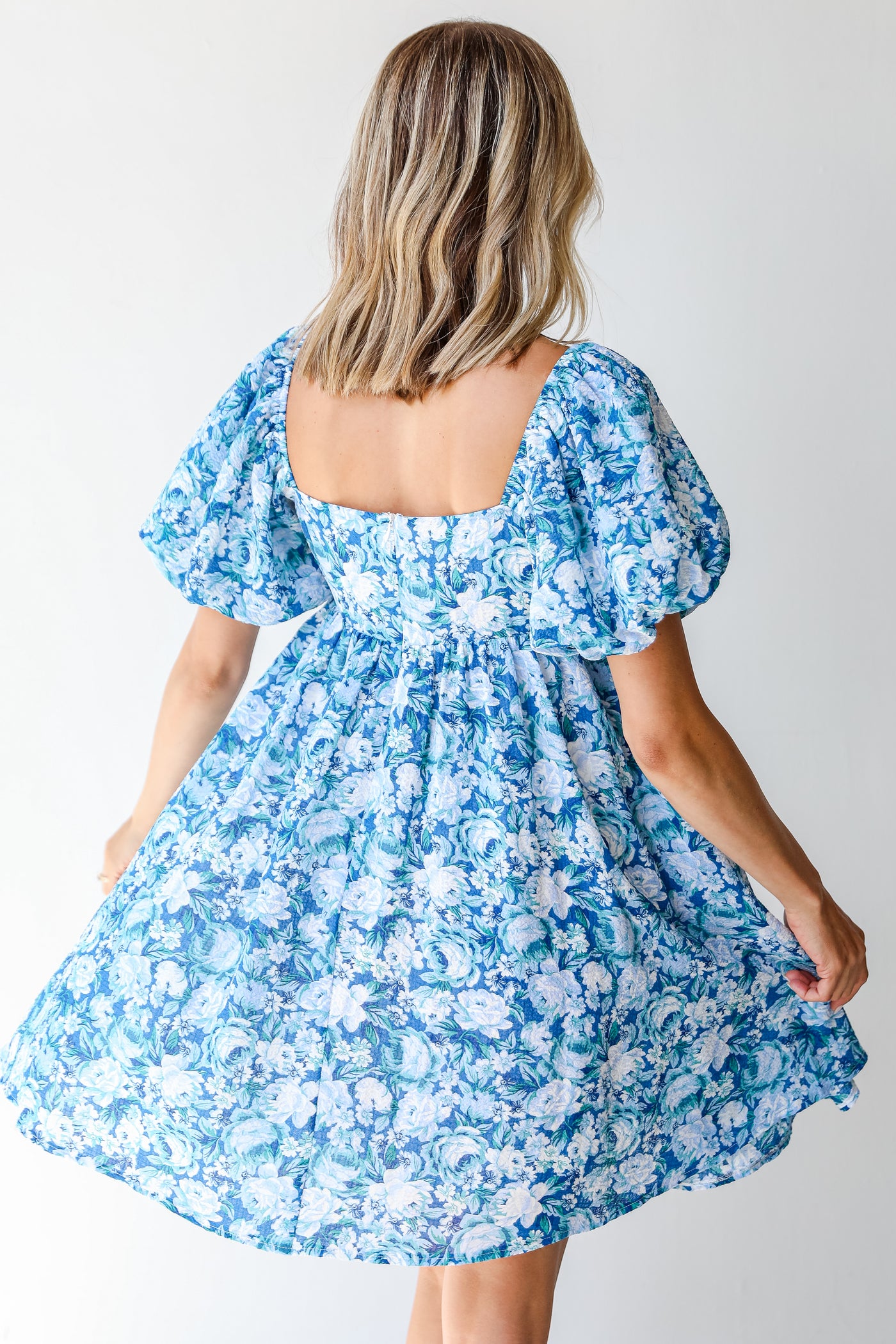 Floral Babydoll Mini Dress in blue back view