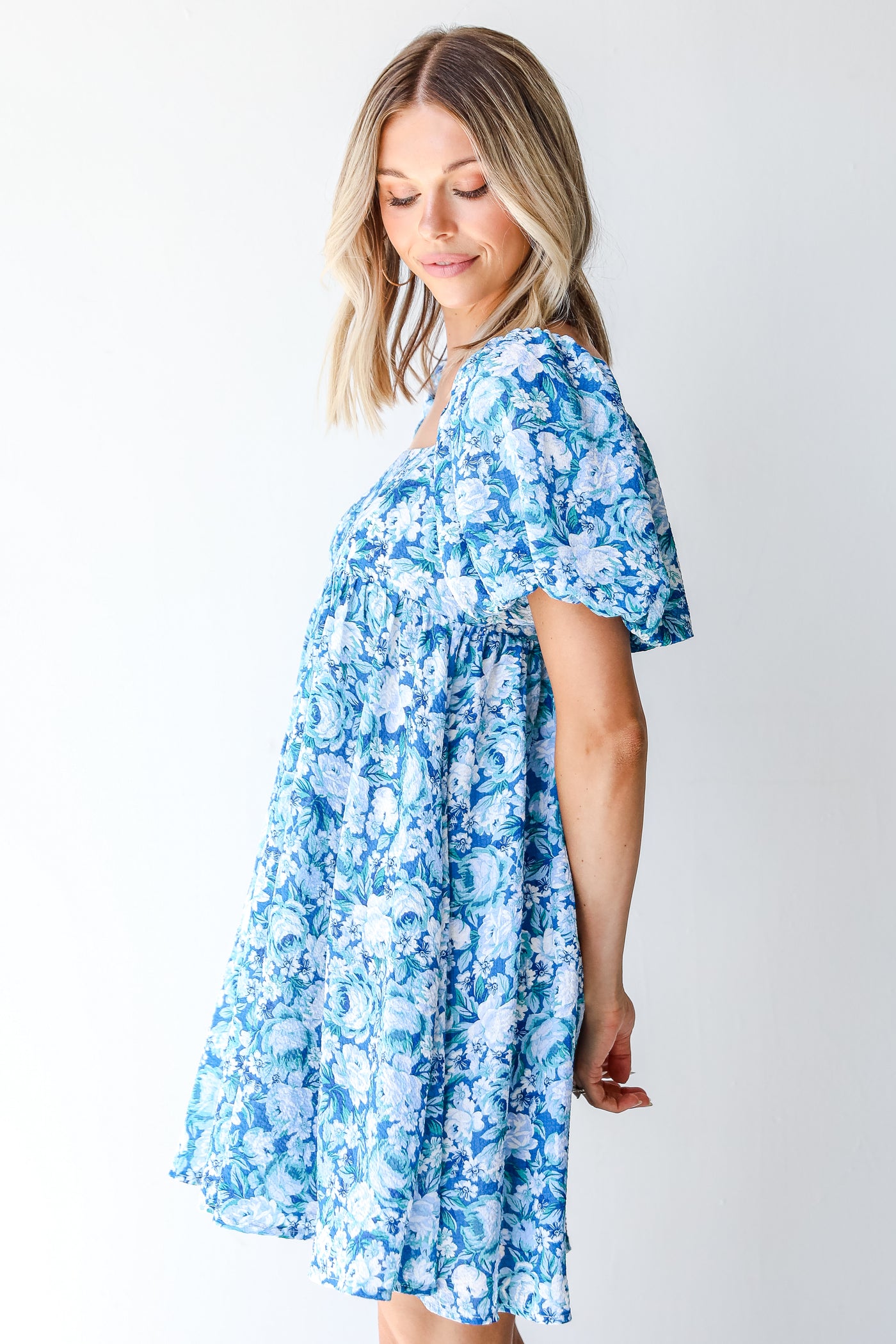 Floral Babydoll Mini Dress in blue side view