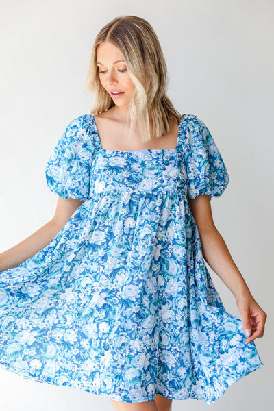Floral Babydoll Mini Dress in blue front view