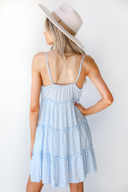 Tiered Floral Mini Dress in light blue back view