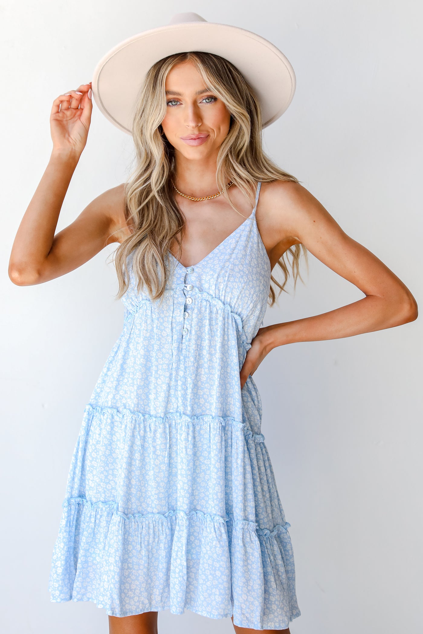 Tiered Floral Mini Dress in light blue