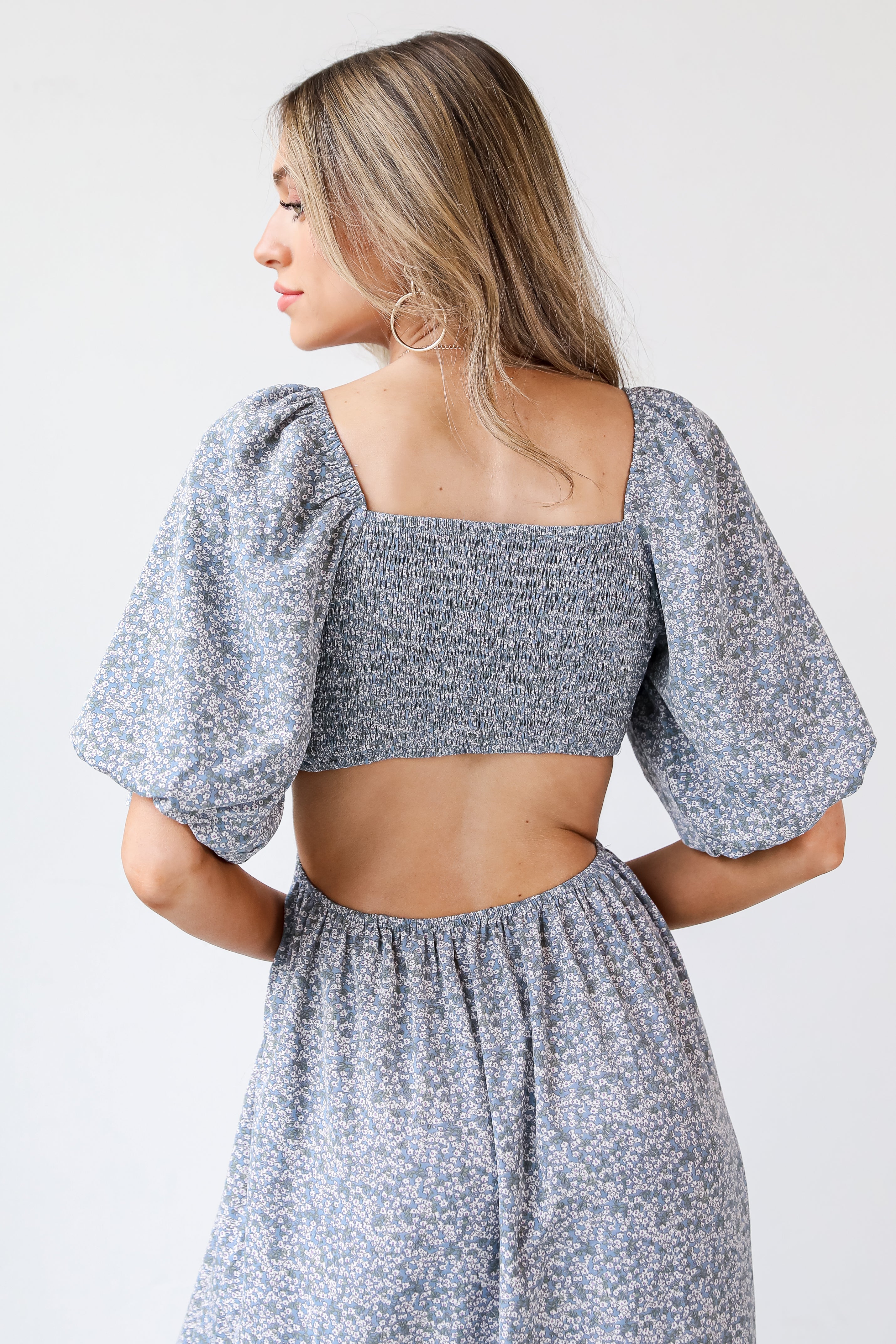 blue Floral Maxi Dress back view close up