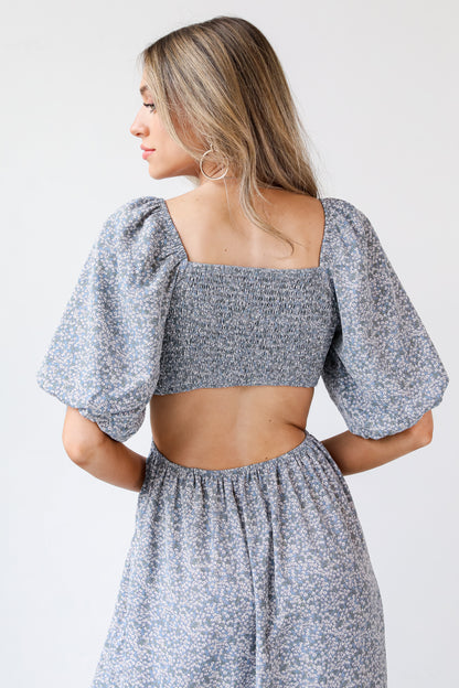 blue Floral Maxi Dress back view close up