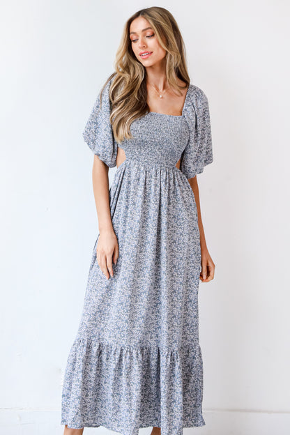 blue Floral Maxi Dress on dress up model