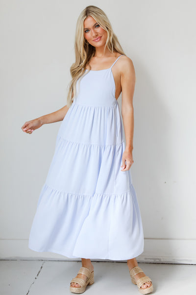 blue Tiered Maxi Dress on model