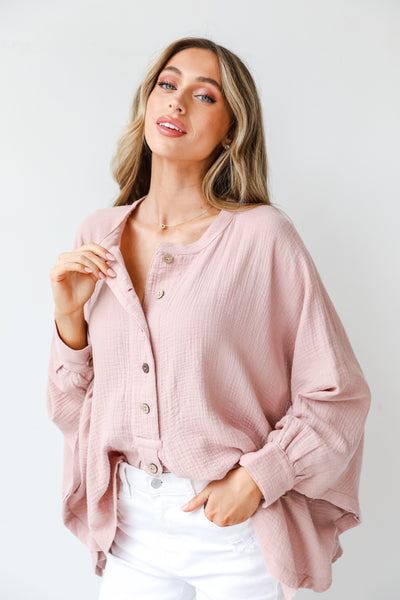 pink Linen Blouse on model