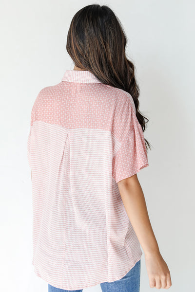 collared pink Patchwork Blouse back view