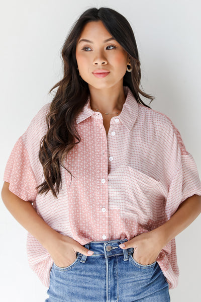 model wearing a Patchwork Blouse with denim