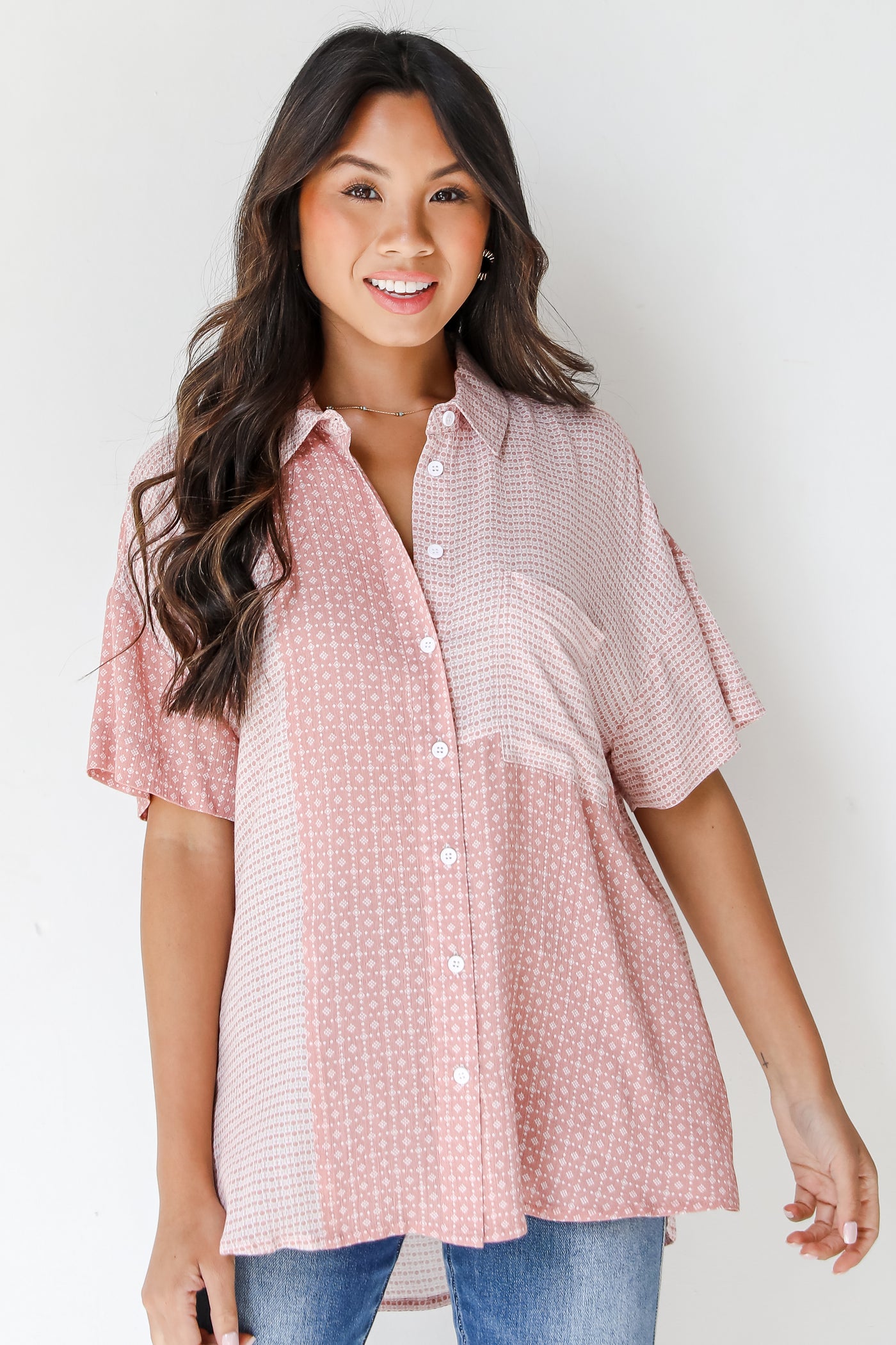 model wearing a pink short sleeve Patchwork Blouse