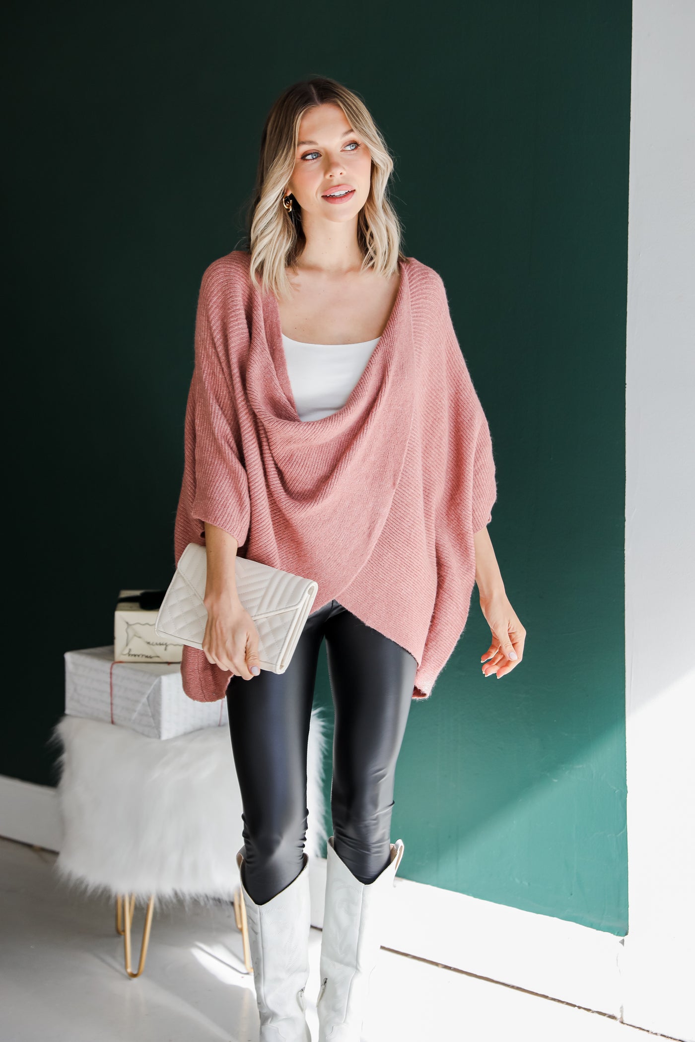 model wearing a pink Surplice Sweater