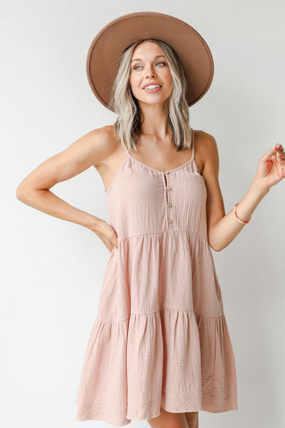 Tiered Linen Mini Dress in blush front view