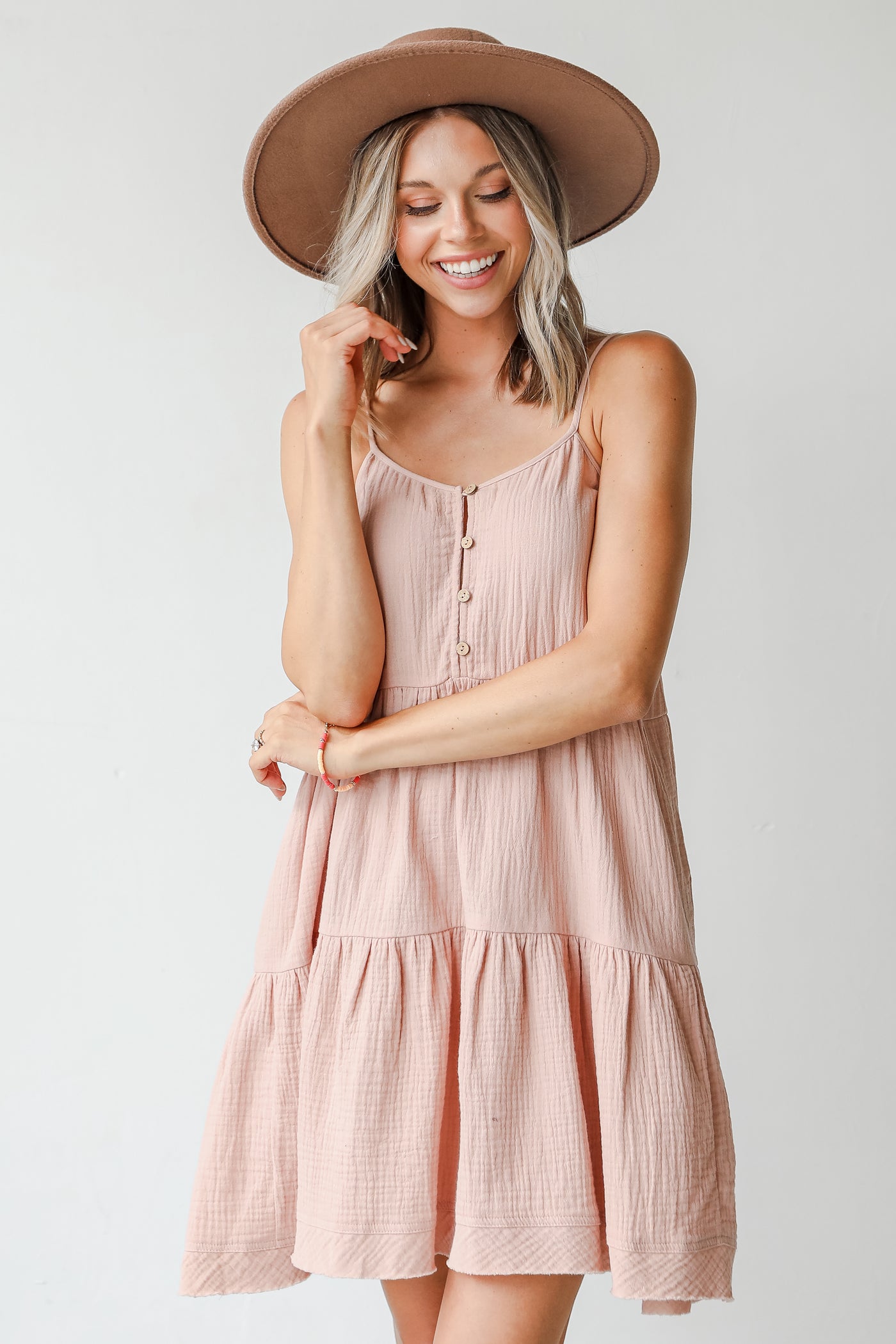 Tiered Linen Mini Dress in blush on model