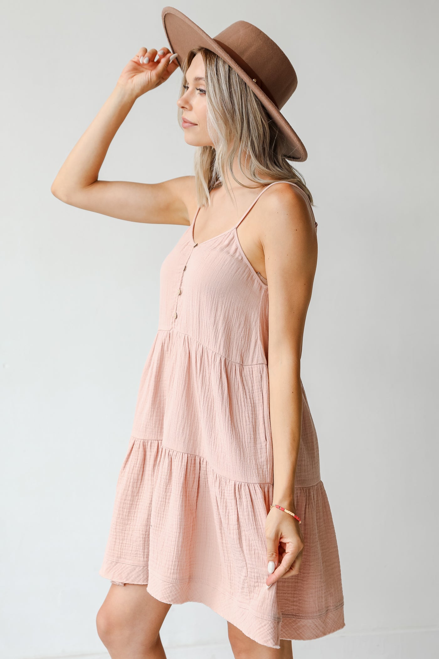 Tiered Linen Mini Dress in blush side view