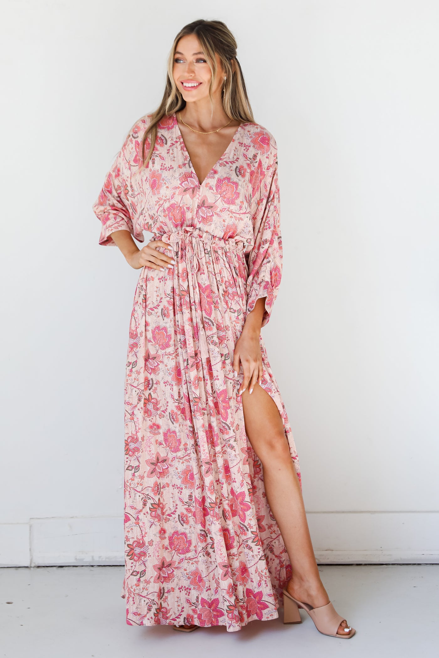 pink Floral Paisley Maxi Dress front view