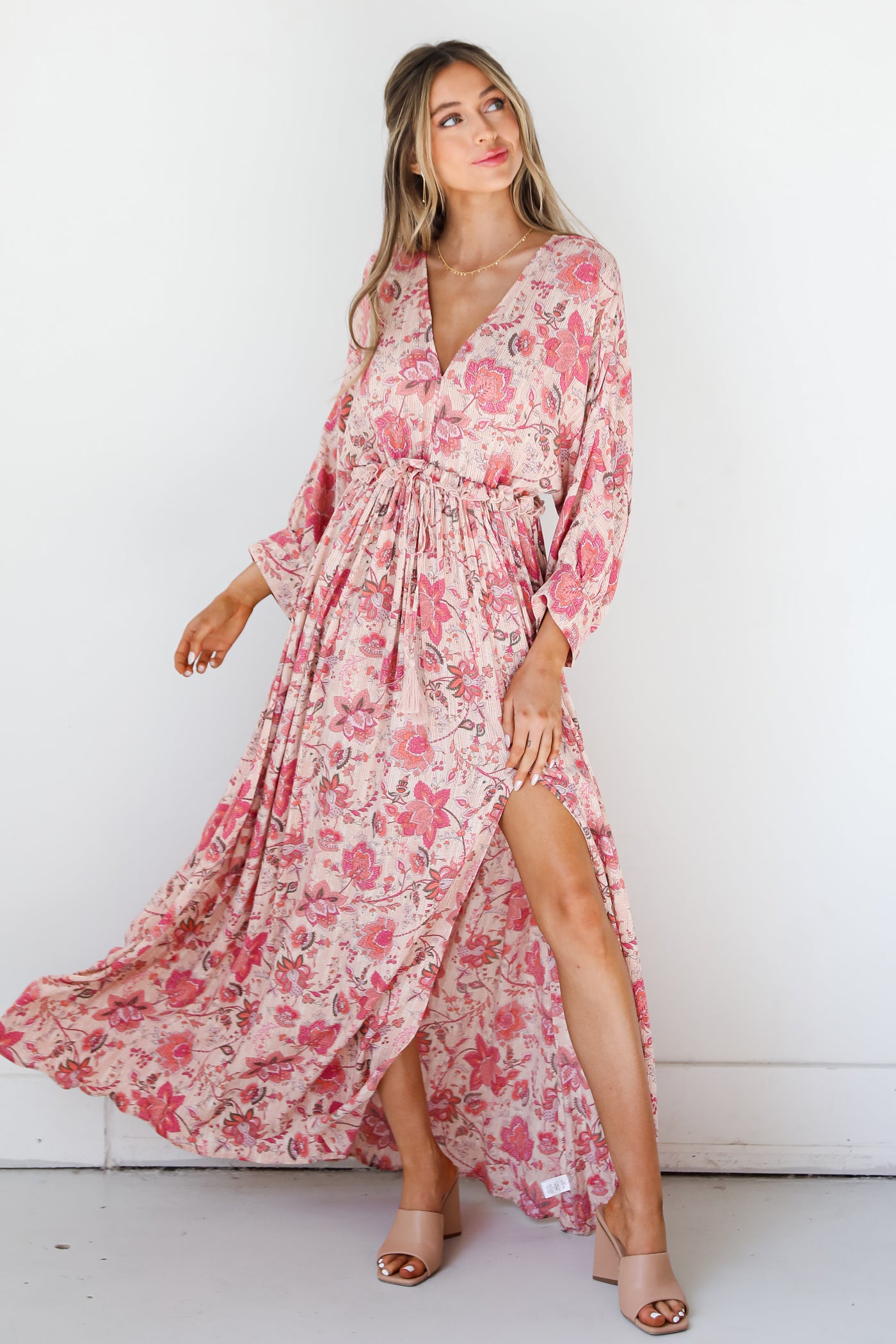 pink Floral Paisley Maxi Dress on model
