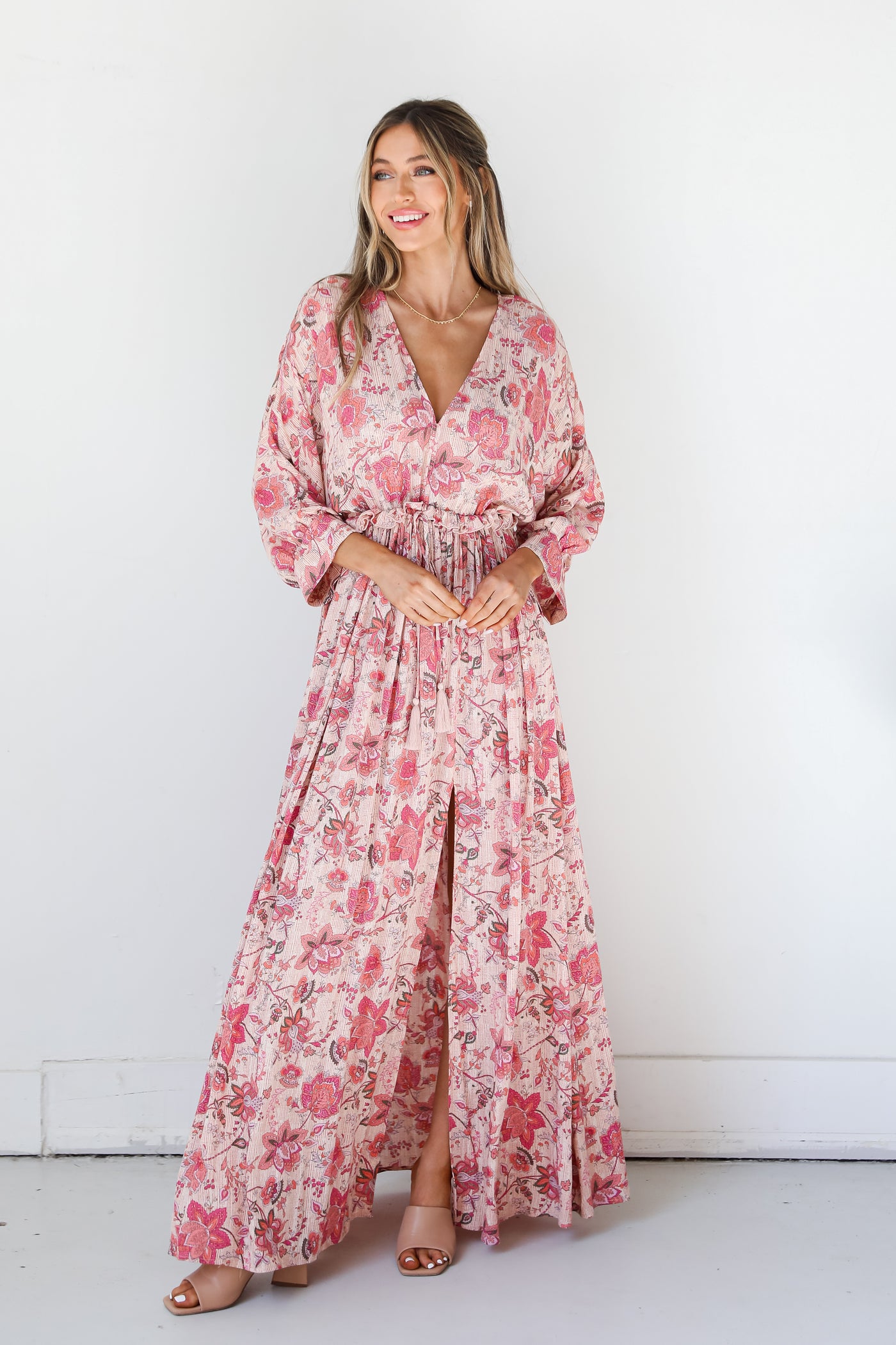 pink Floral Paisley Maxi Dress on dress up model