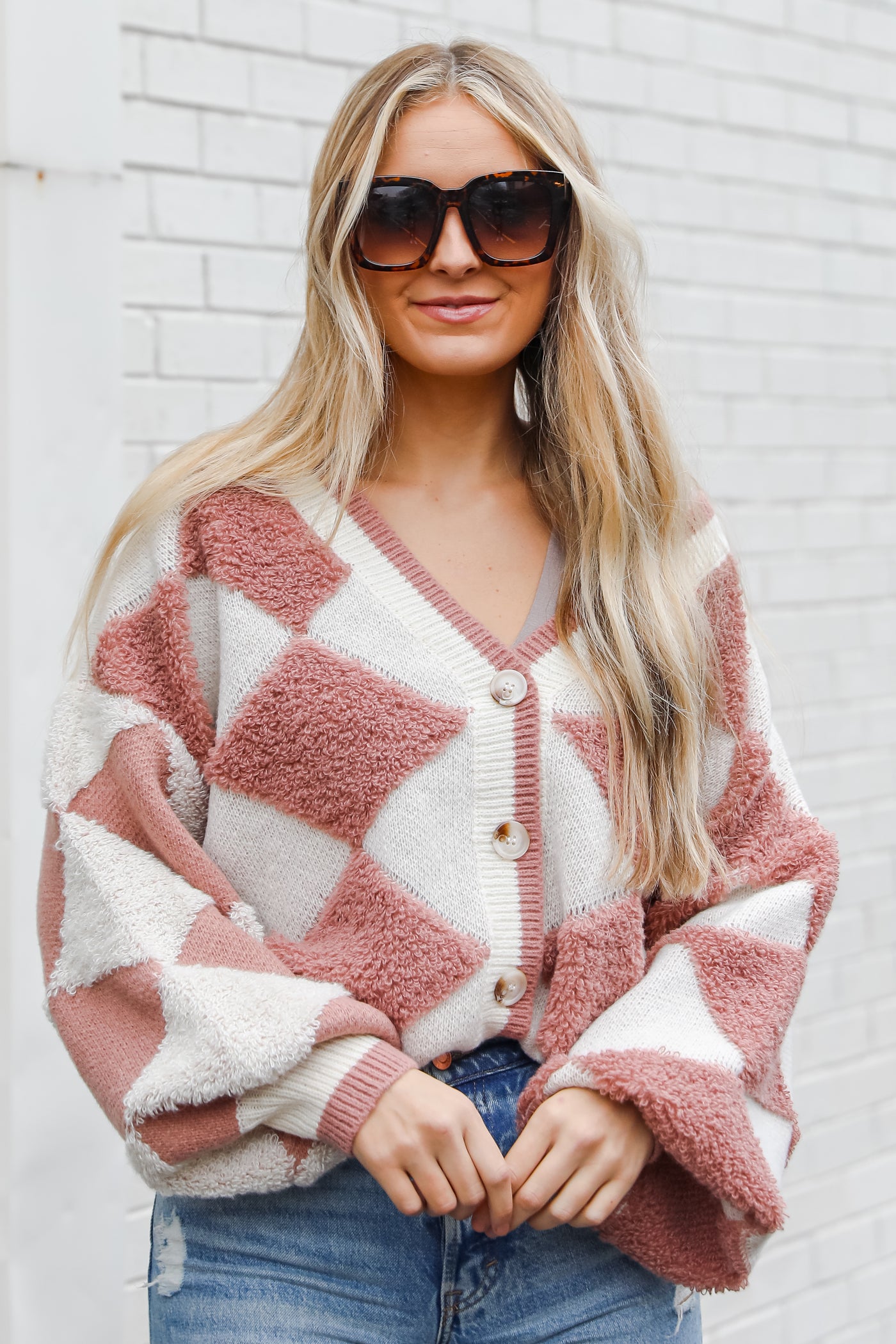Checkered Sweater Cardigan on model