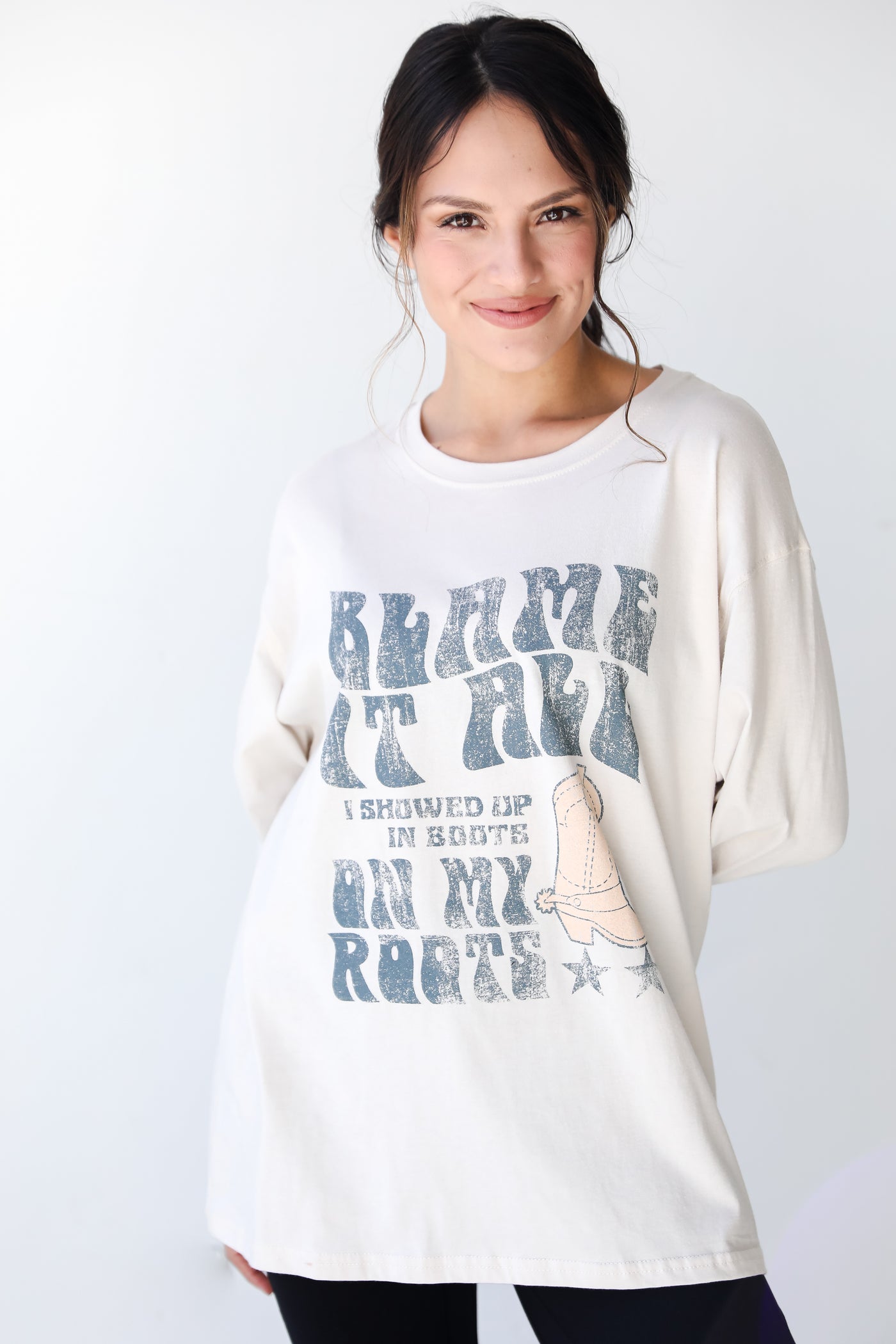 Blame It All On My Boots Long Sleeve Graphic Tee on model