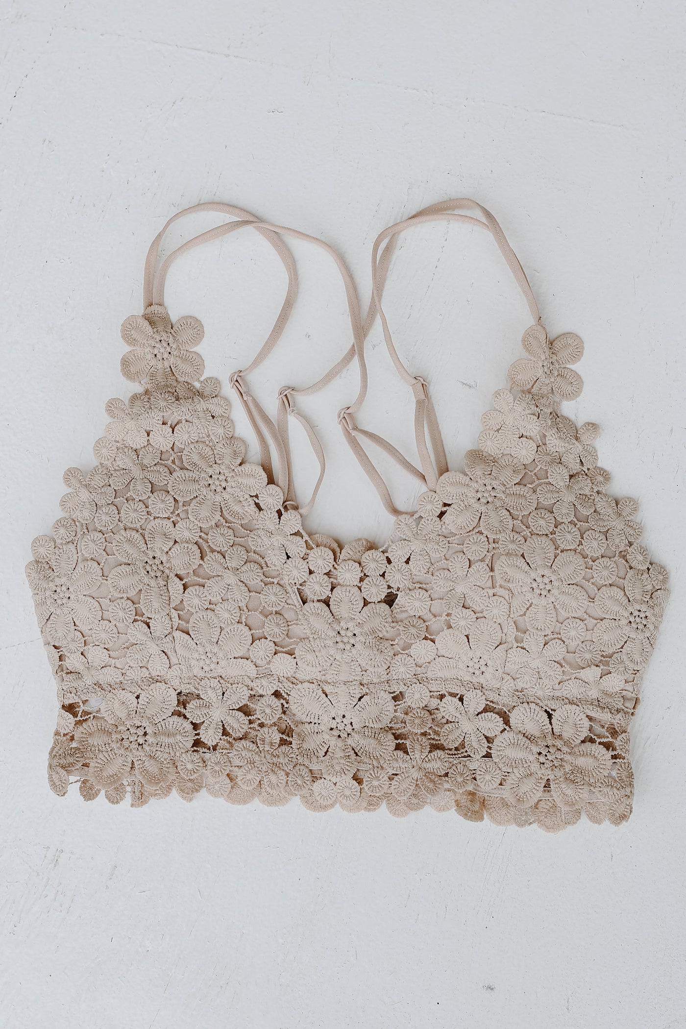 Floral Crochet Bralette in taupe flat lay