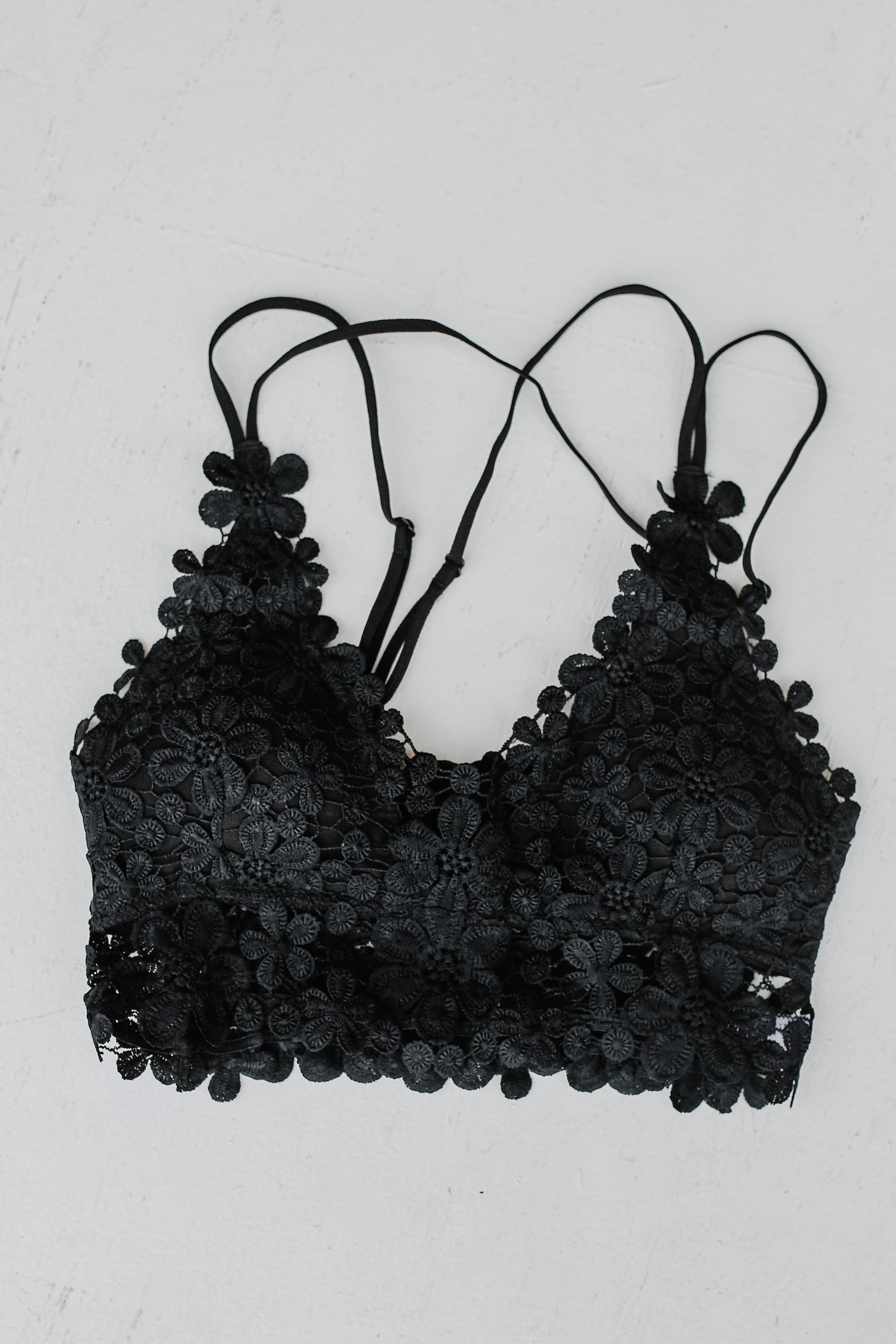 Floral Crochet Bralette in black flat lay