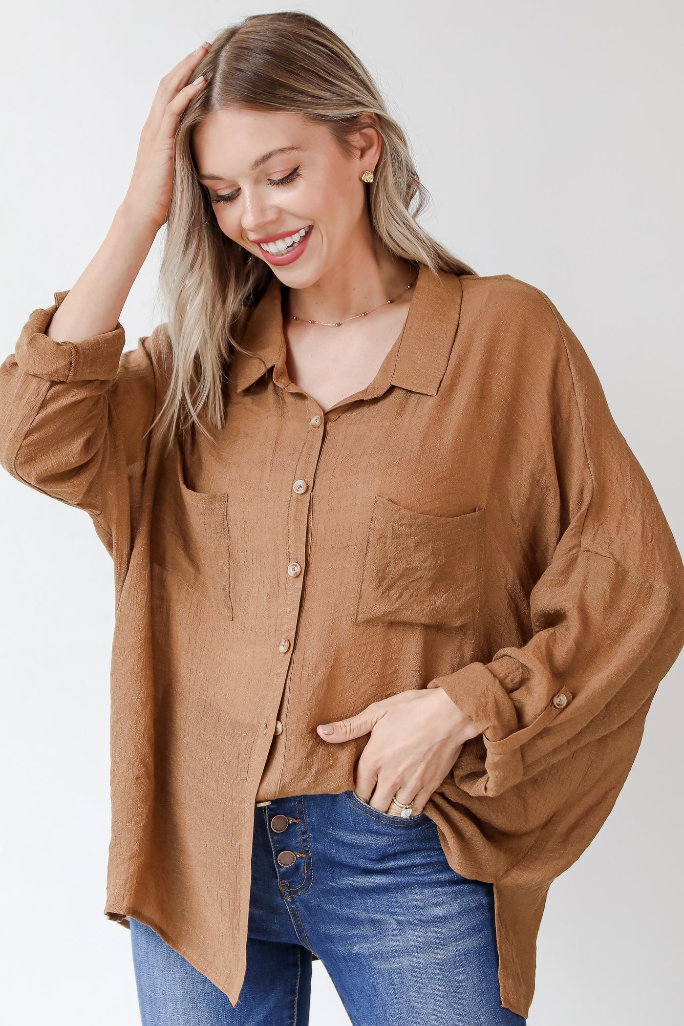 camel button up blouse