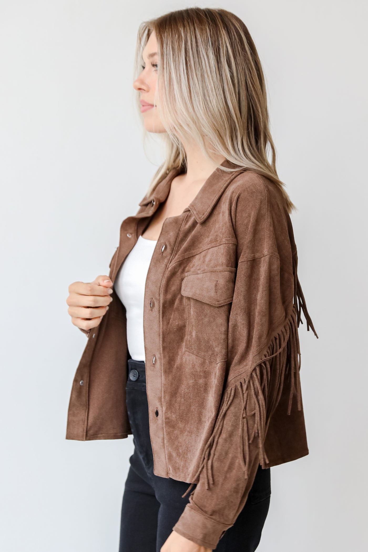 brown fringe jacket side view