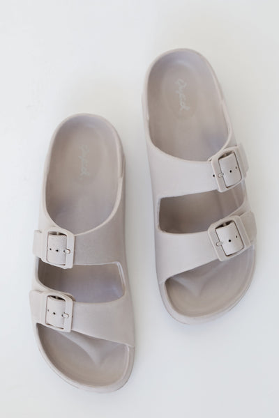 Double Strap Sandals in grey flat lay