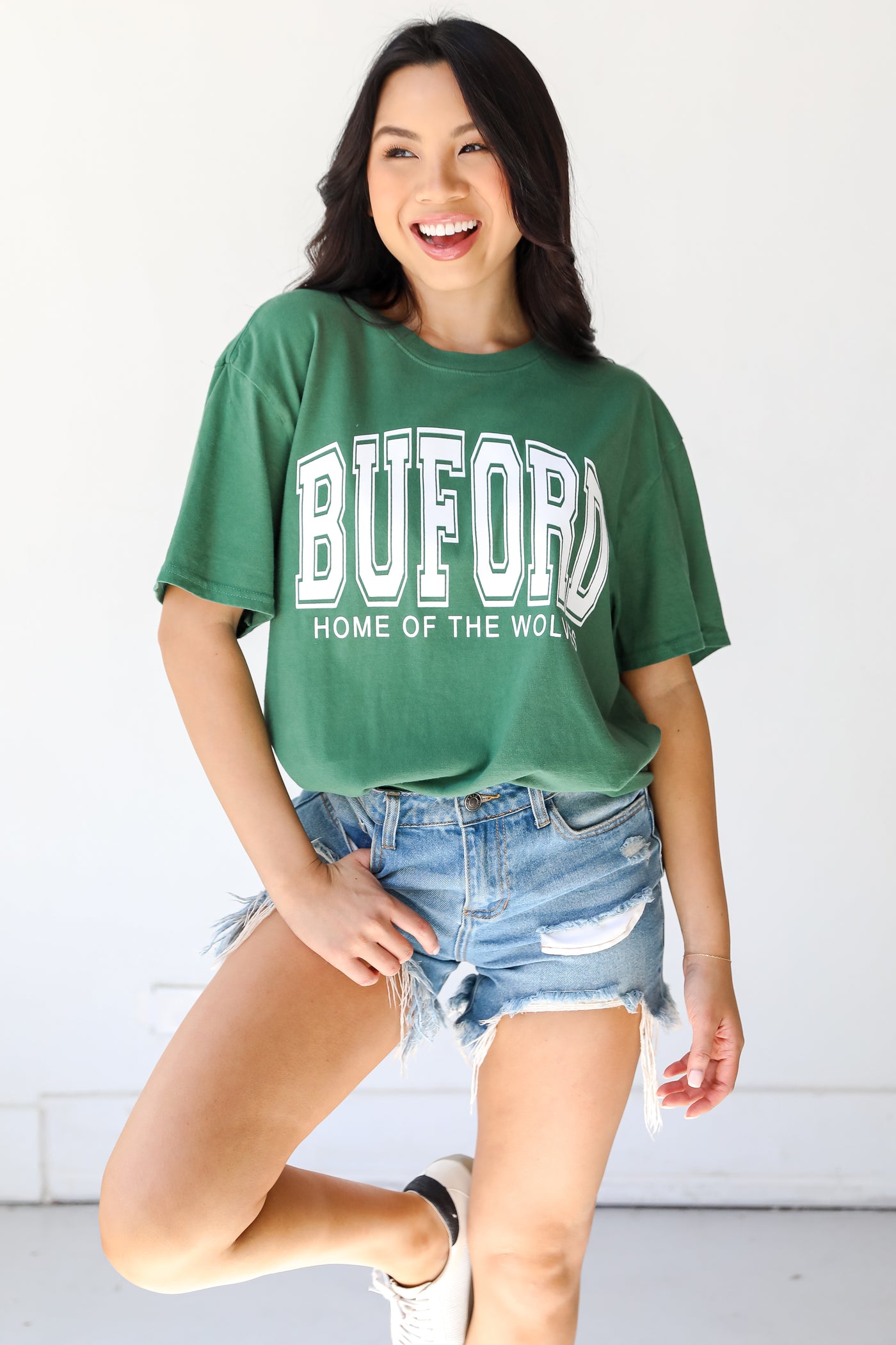Green Buford Home Of The Wolves Tee on model