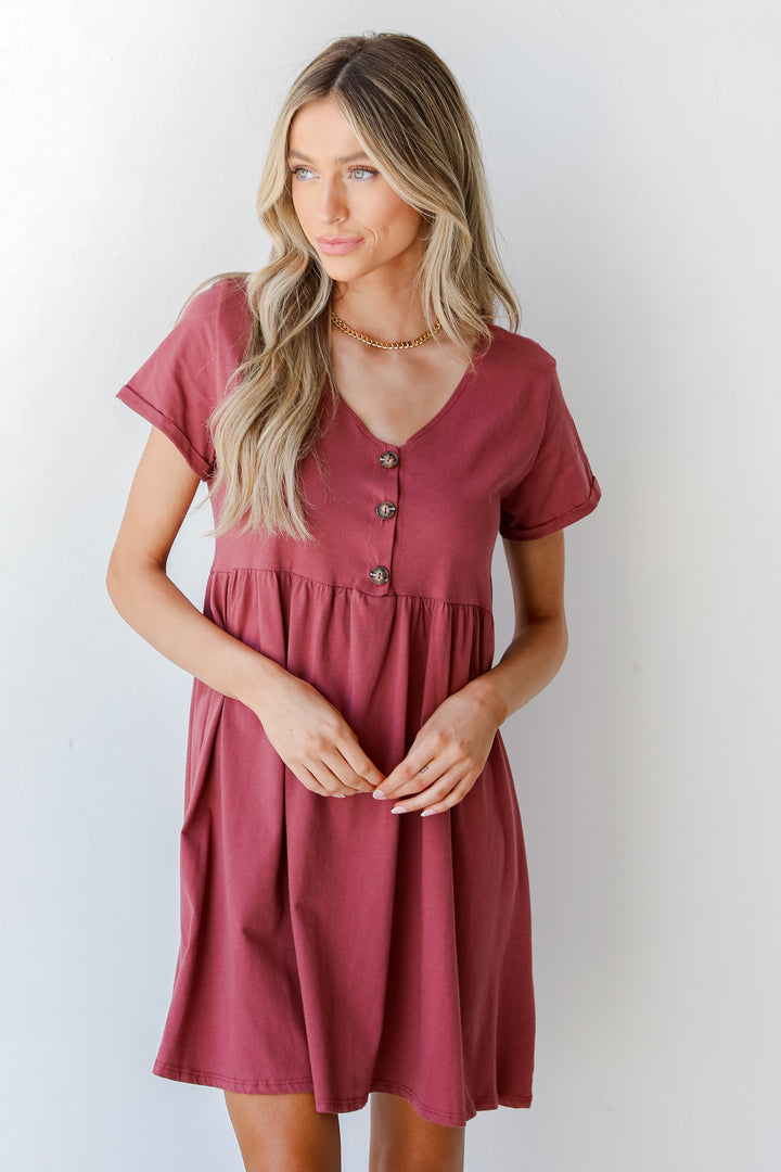 Button Front Babydoll Dress n marsala front view