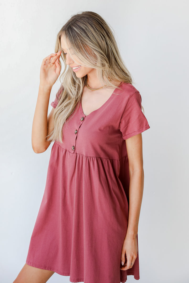 Button Front Babydoll Dress in marsala side view