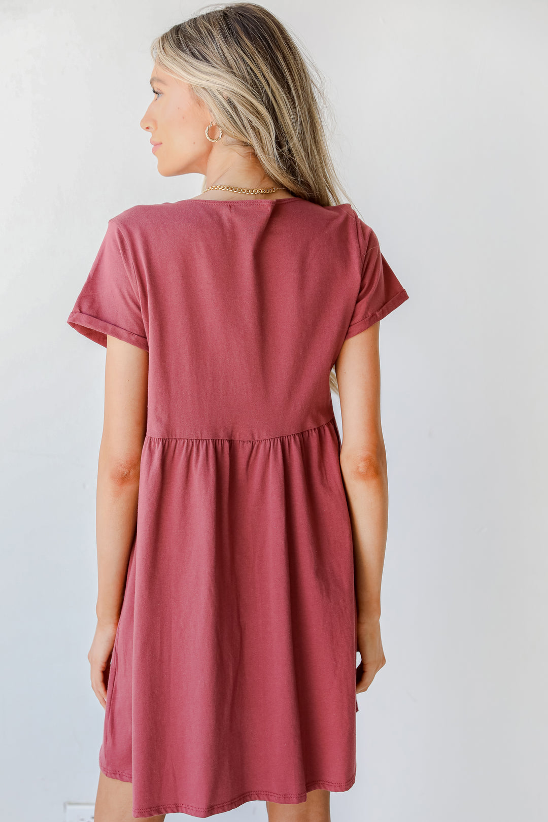 Button Front Babydoll Dress in marsala back view