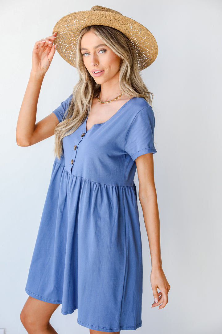 Button Front Babydoll Dress in blue side view