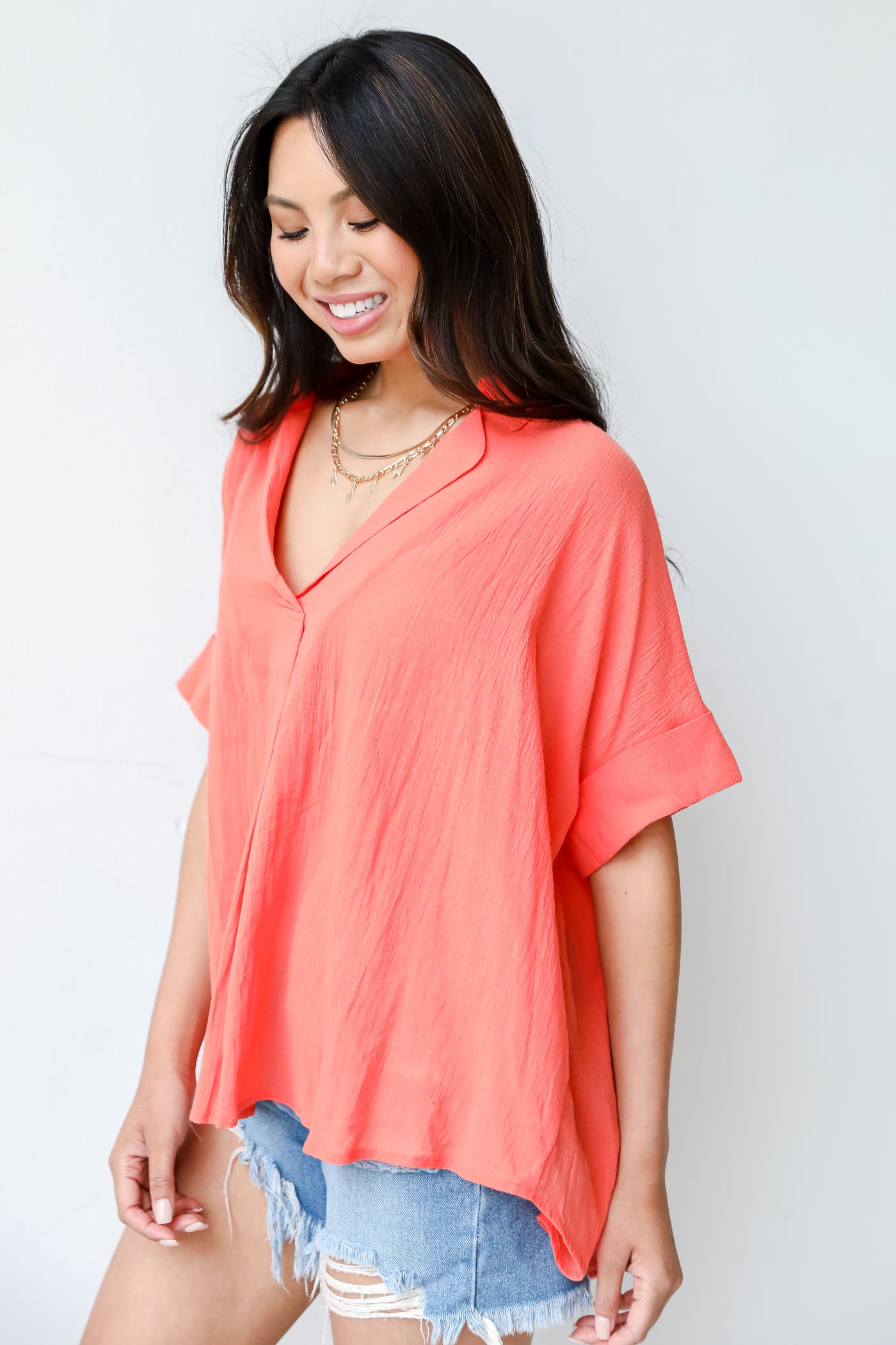 Linen Blouse in coral side view
