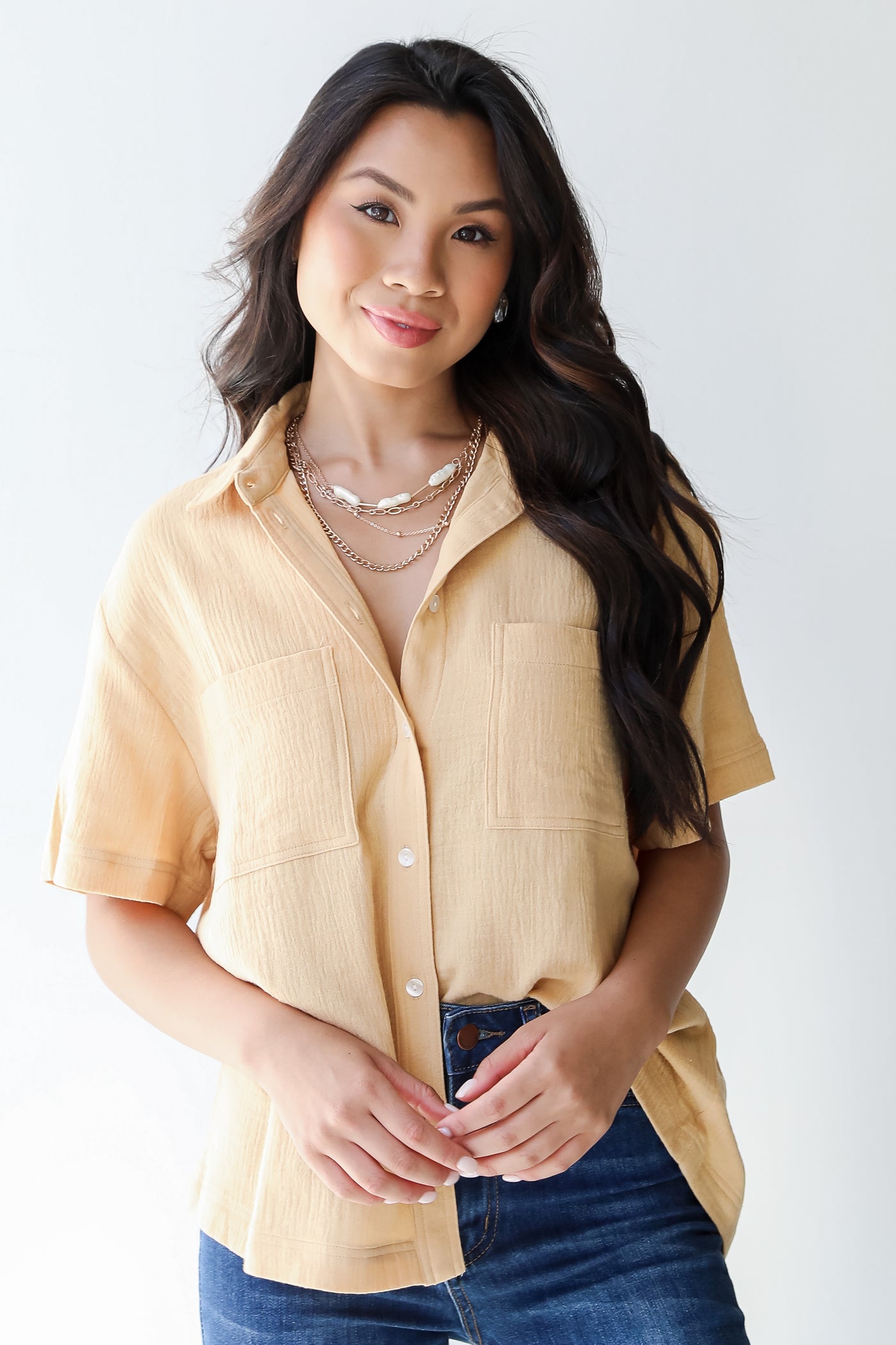 Linen Button-Up Blouse in mustard