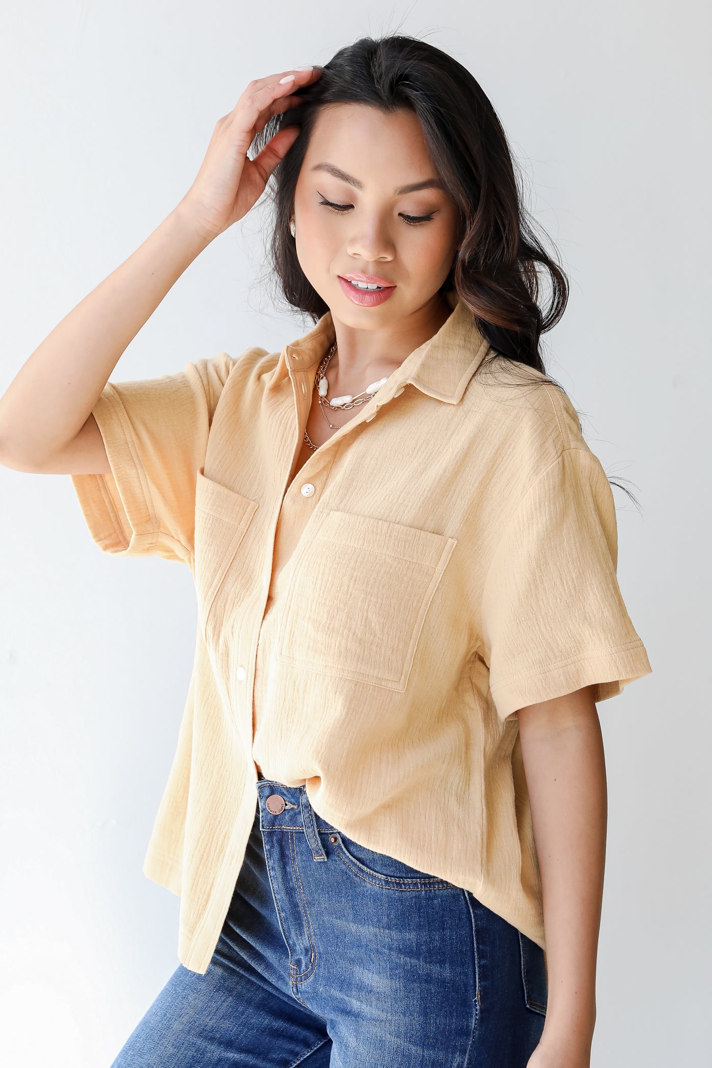 Linen Button-Up Blouse in mustard side view