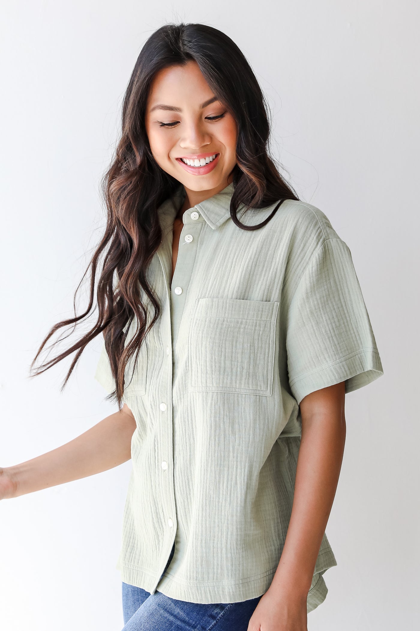 Linen Button-Up Blouse in sage side view