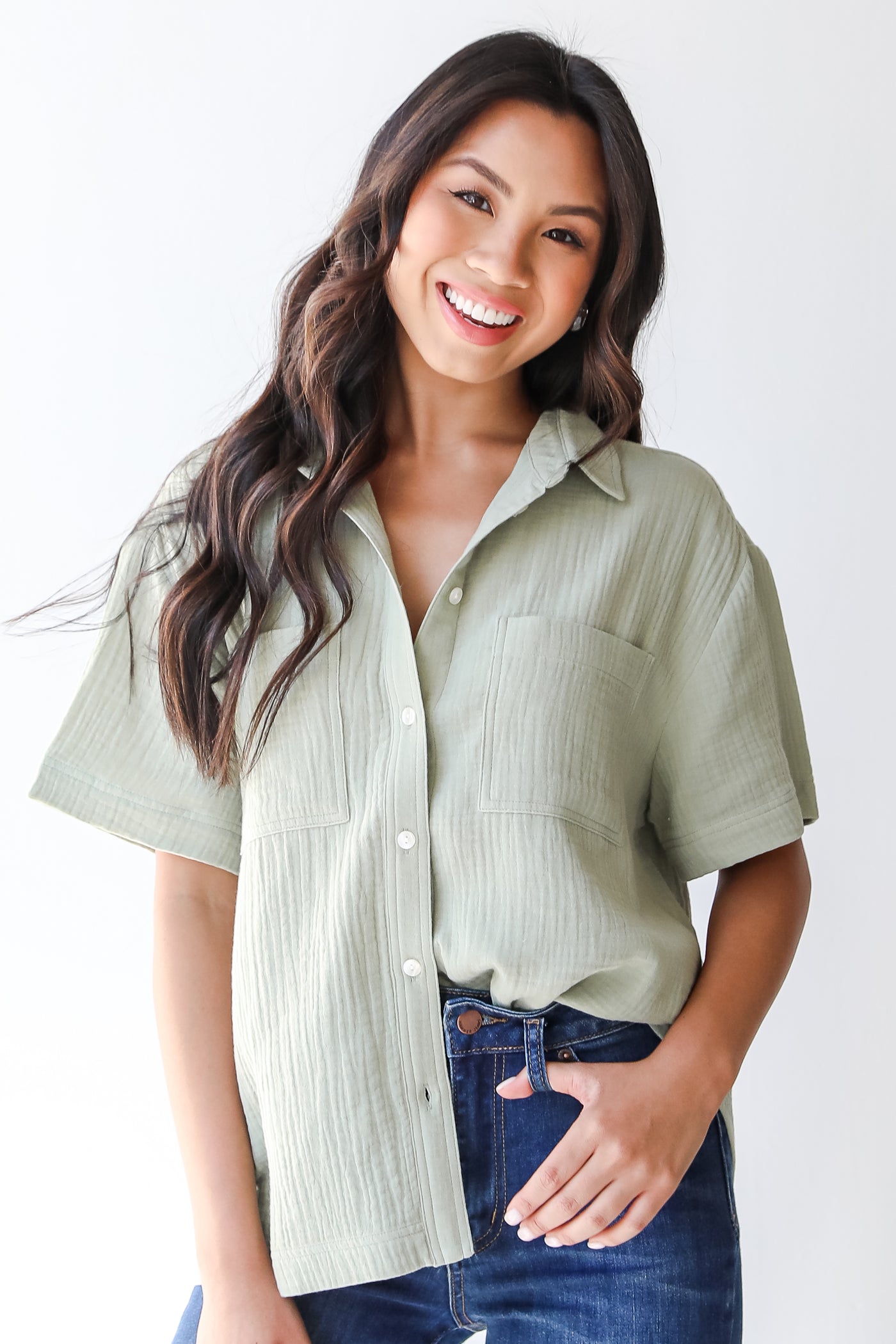 Linen Button-Up Blouse in sage on model